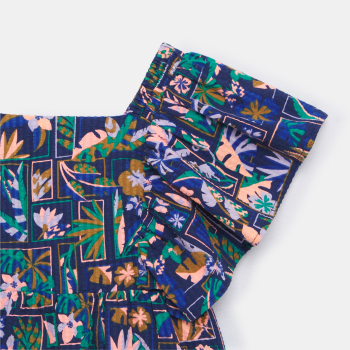 فستان بناتي أزرق مطبوع بأكمام قصيرة مكشكشة